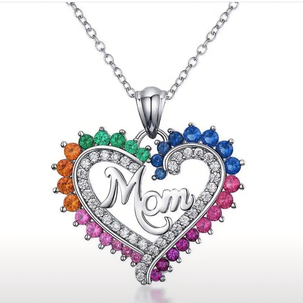 Silver Heart Pendant Necklace with Multicolor Stones